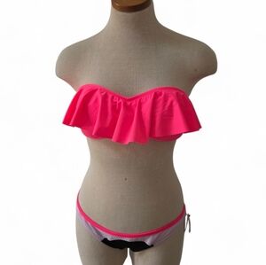 Victoria's Secret Coral Flounce Ruffled  Bandeau Bikini 2 Pc Swimsuit  Size L